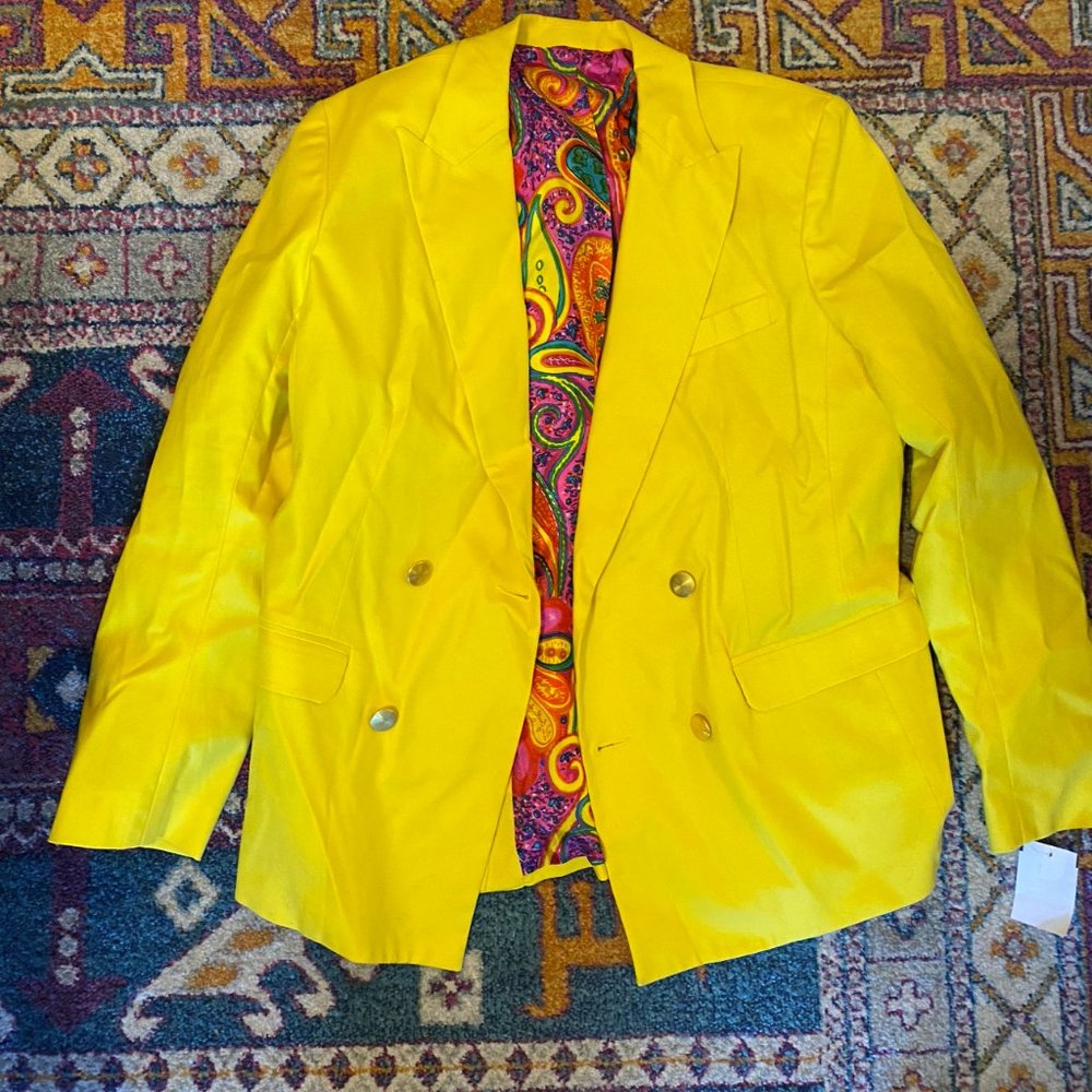 Mr. Turk Yellow Double Breasted Blazer with Rainbow Paisley Silk Lining